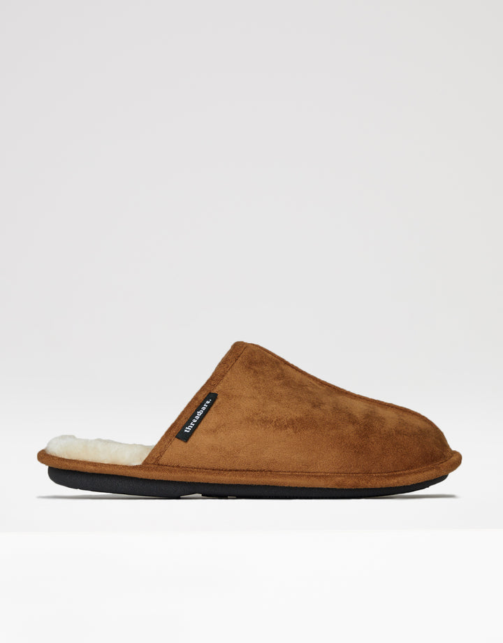 Tan Brown Suedette Mule Slippers with Faux Fur Lining