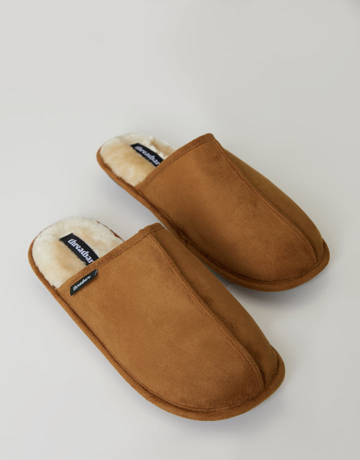 Tan Brown Suedette Mule Slippers with Faux Fur Lining
