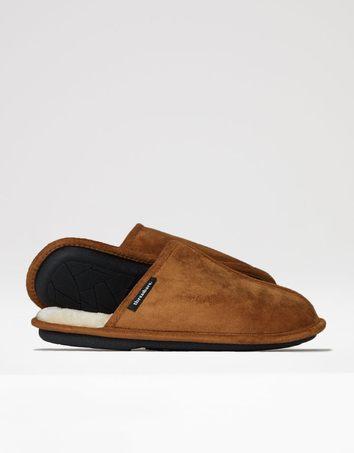 Tan Brown Suedette Mule Slippers with Faux Fur Lining