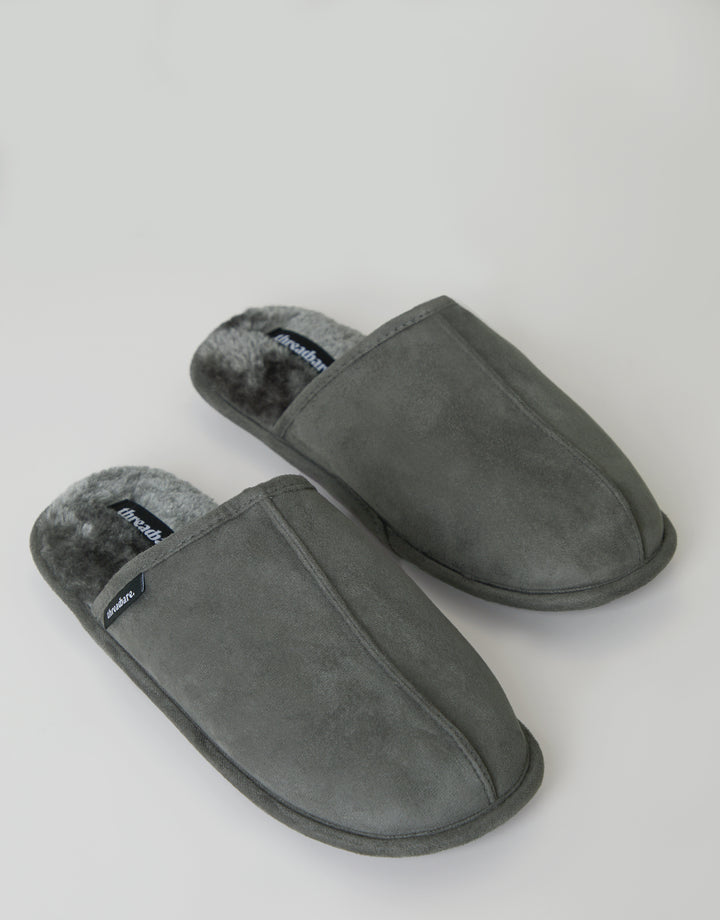 Grey Suedette Mule Slippers with Faux Fur Lining