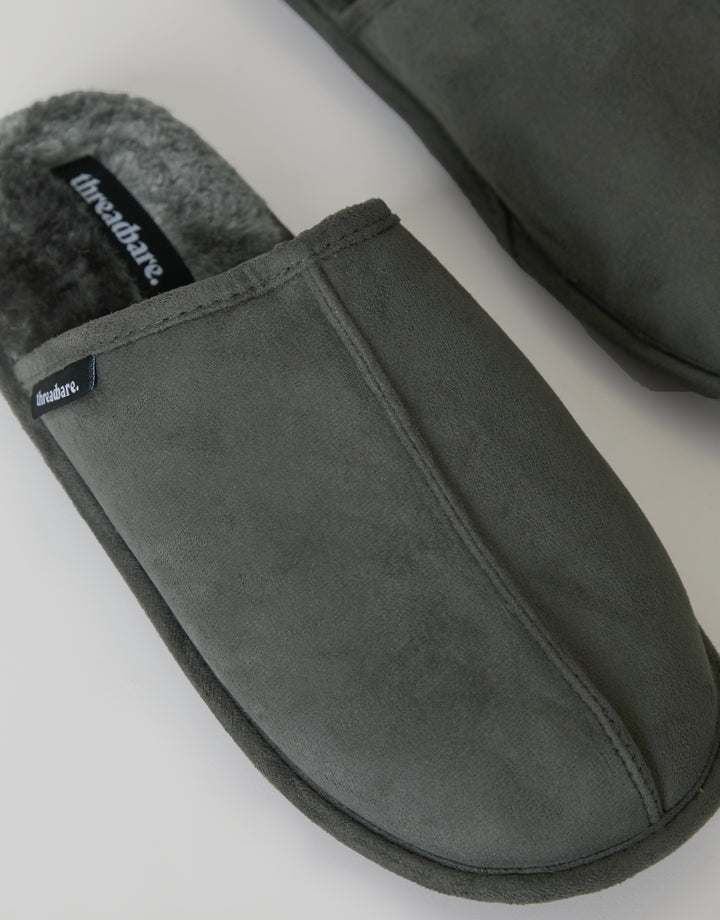 Grey Suedette Mule Slippers with Faux Fur Lining