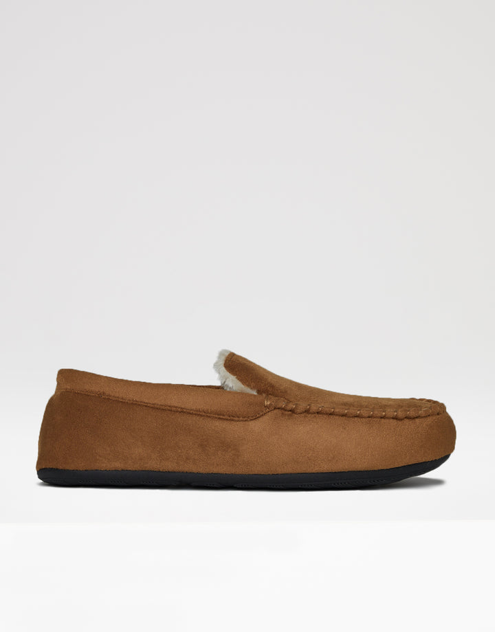 Tan Brown Suedette Moccasin Slippers with Faux Fur Lining