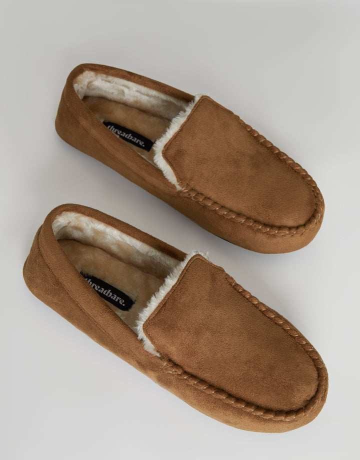 Tan Brown Suedette Moccasin Slippers with Faux Fur Lining