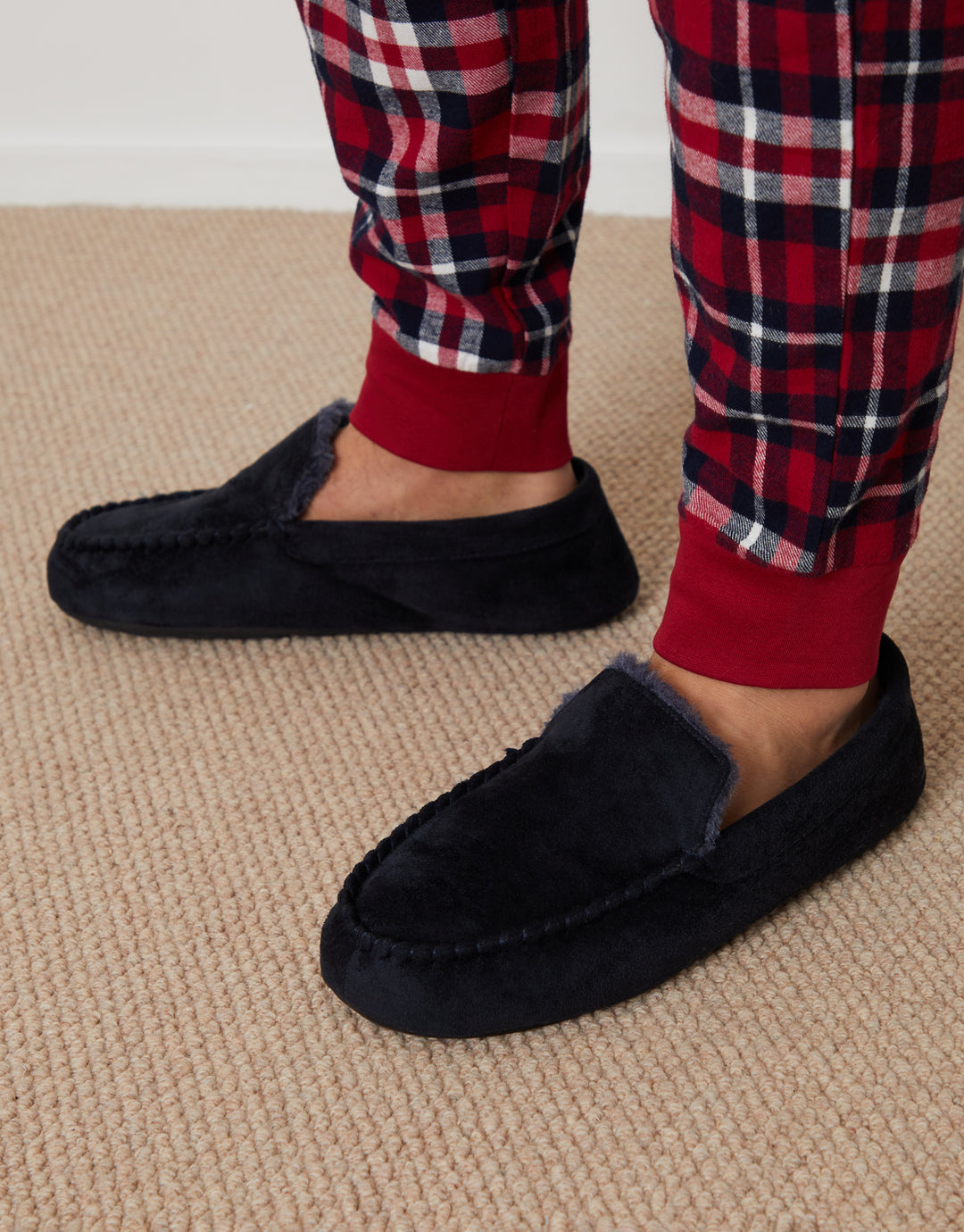 Navy Suedette Moccasin Slippers with Faux Fur Lining