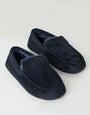 Navy Suedette Moccasin Slippers with Faux Fur Lining