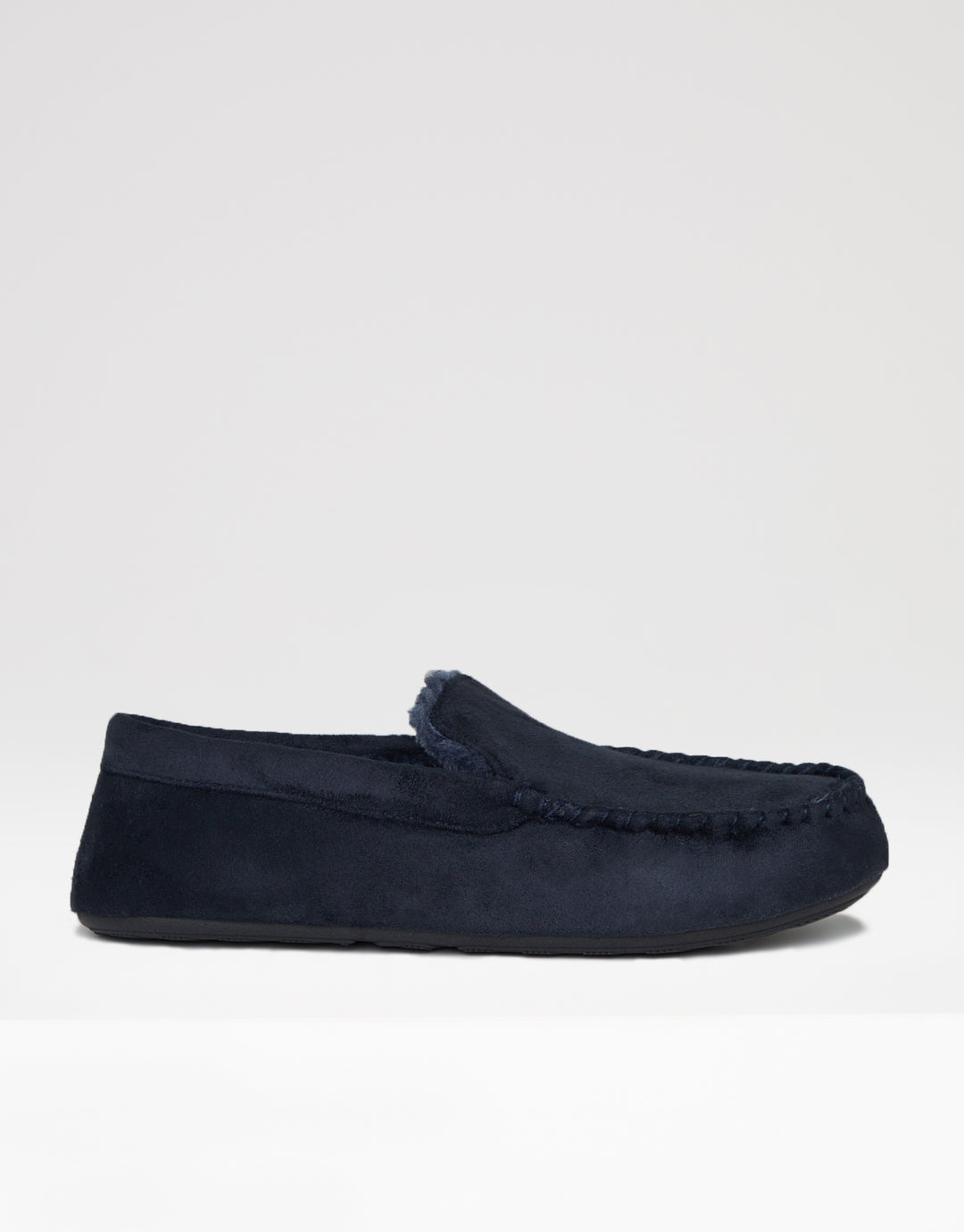 Navy Suedette Moccasin Slippers with Faux Fur Lining
