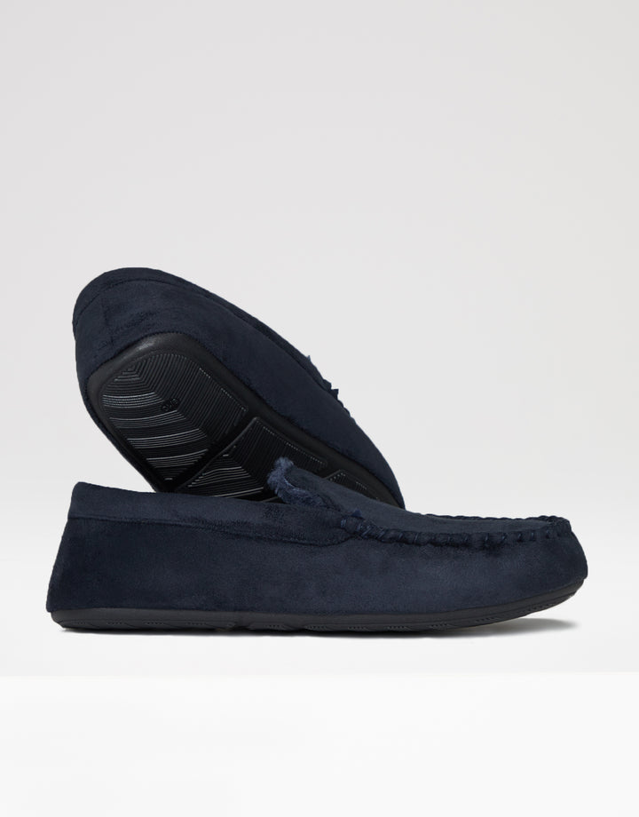 Navy Suedette Moccasin Slippers with Faux Fur Lining