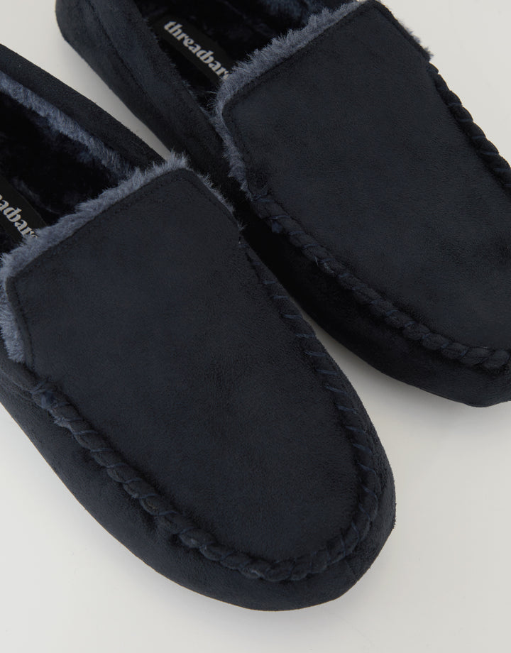 Navy Suedette Moccasin Slippers with Faux Fur Lining