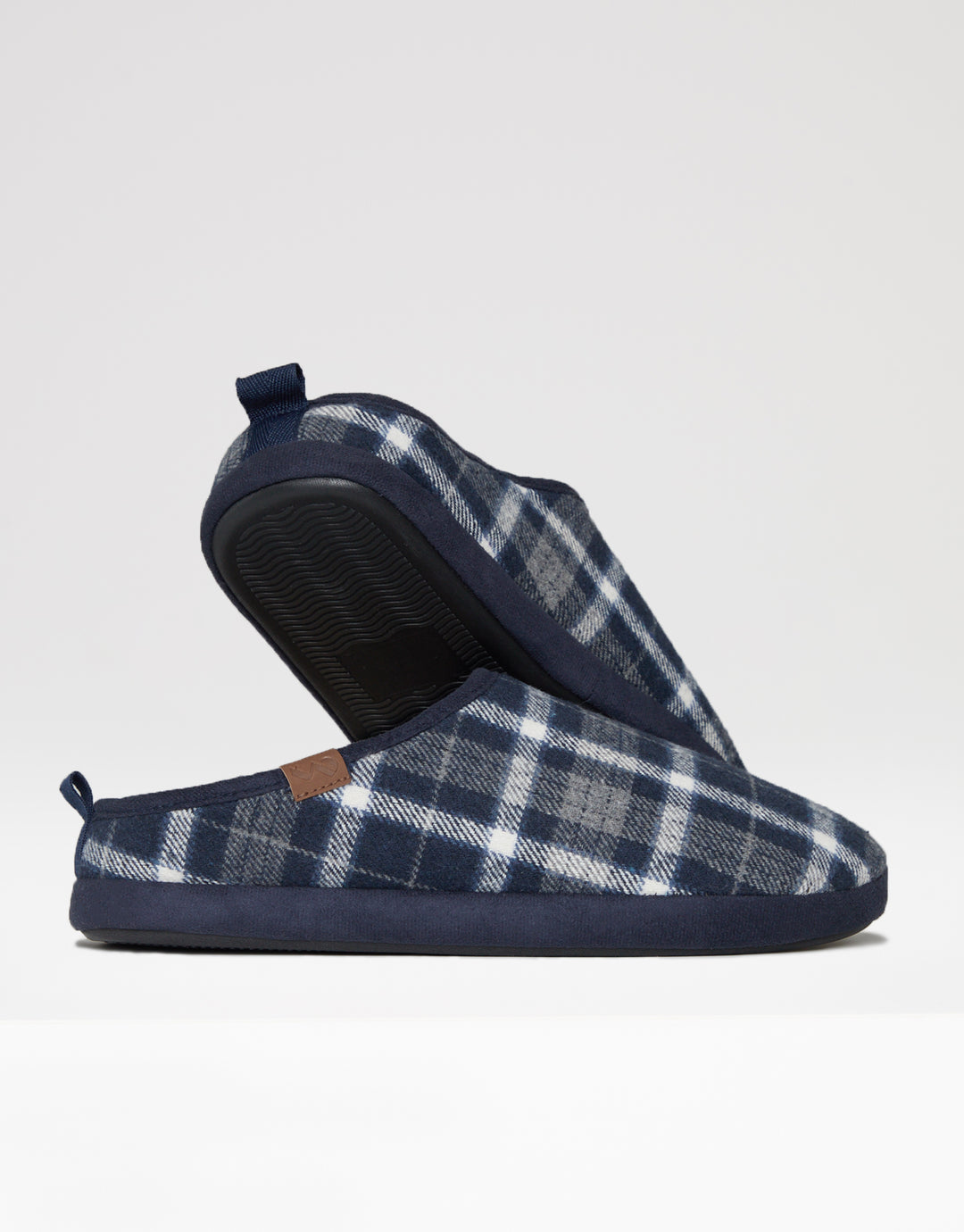 Navy Check Mule Slippers with Borg Lining