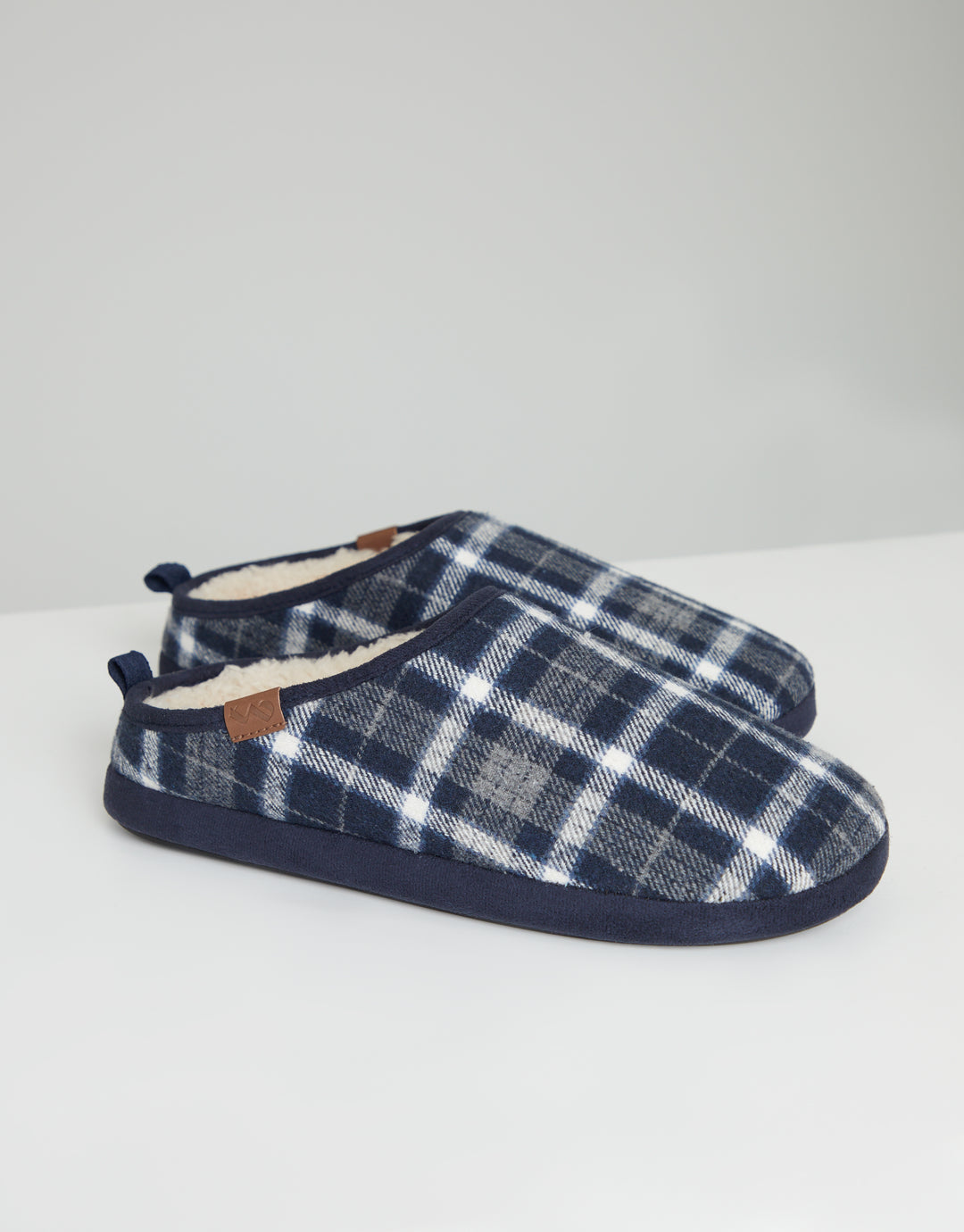 Navy Check Mule Slippers with Borg Lining