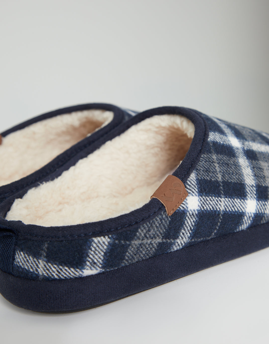 Navy Check Mule Slippers with Borg Lining