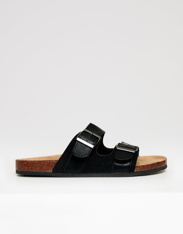 Black Slip On Two Buckle Strap Sandals