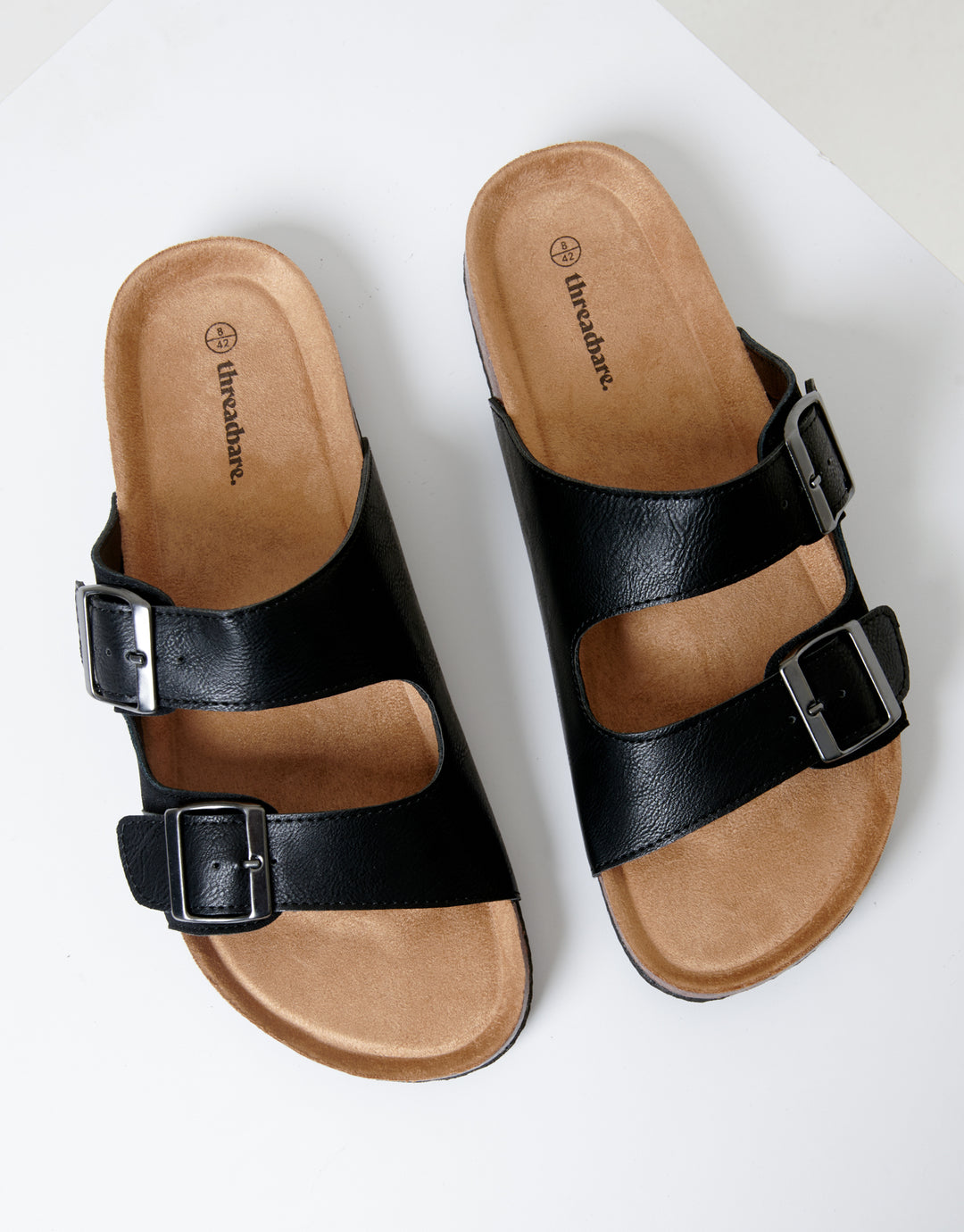 Black Slip On Two Buckle Strap Sandals
