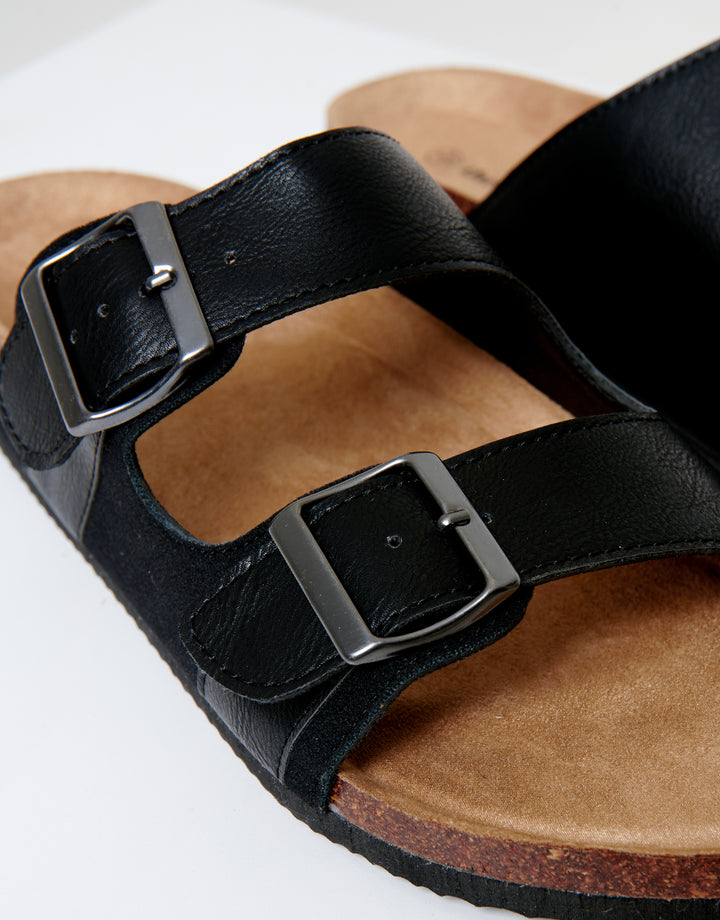 Black Slip On Two Buckle Strap Sandals