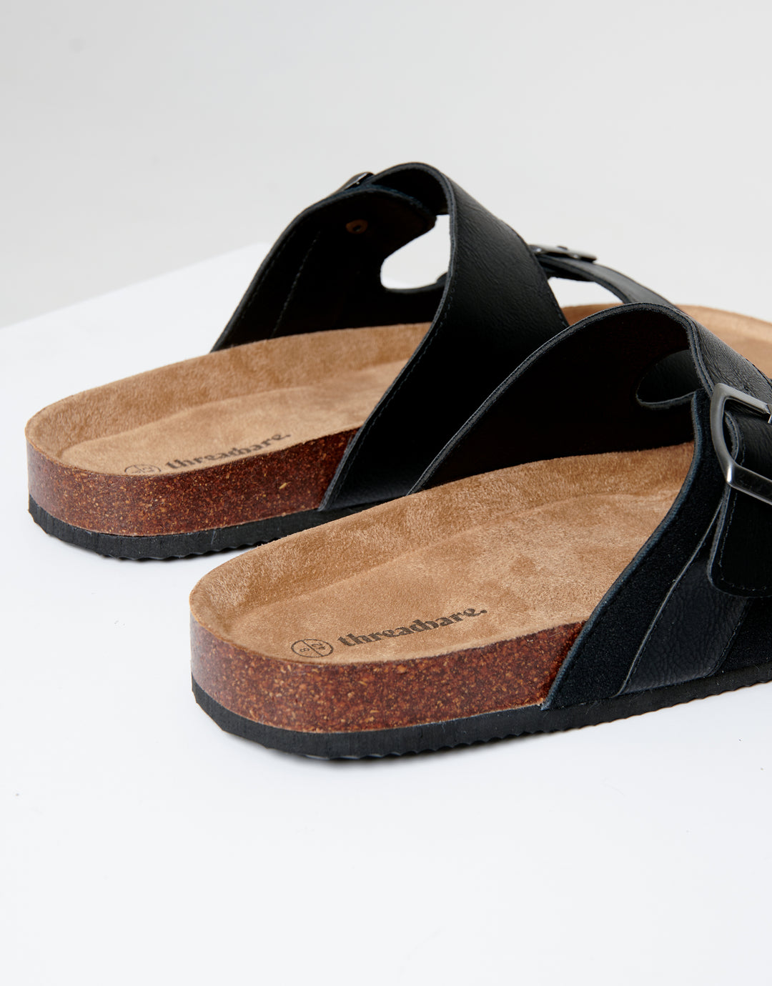 Black Slip On Two Buckle Strap Sandals