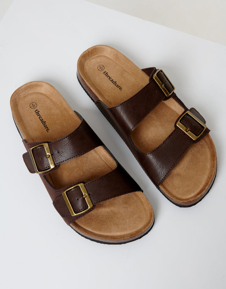 Brown Slip On Two Buckle Strap Sandals