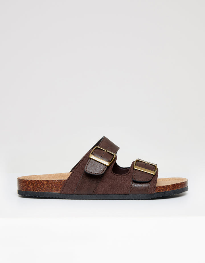 Brown Slip On Two Buckle Strap Sandals