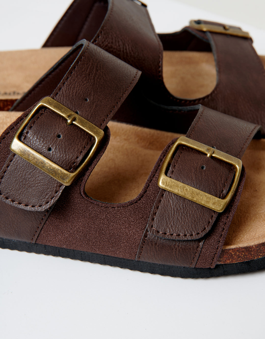 Brown Slip On Two Buckle Strap Sandals