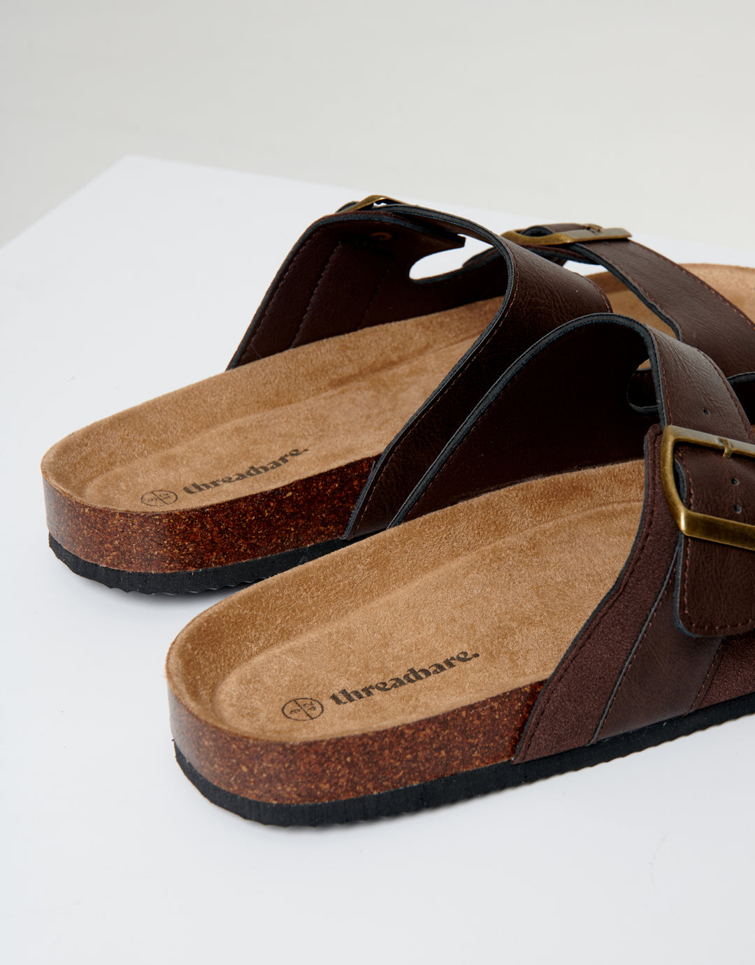 Brown Slip On Two Buckle Strap Sandals