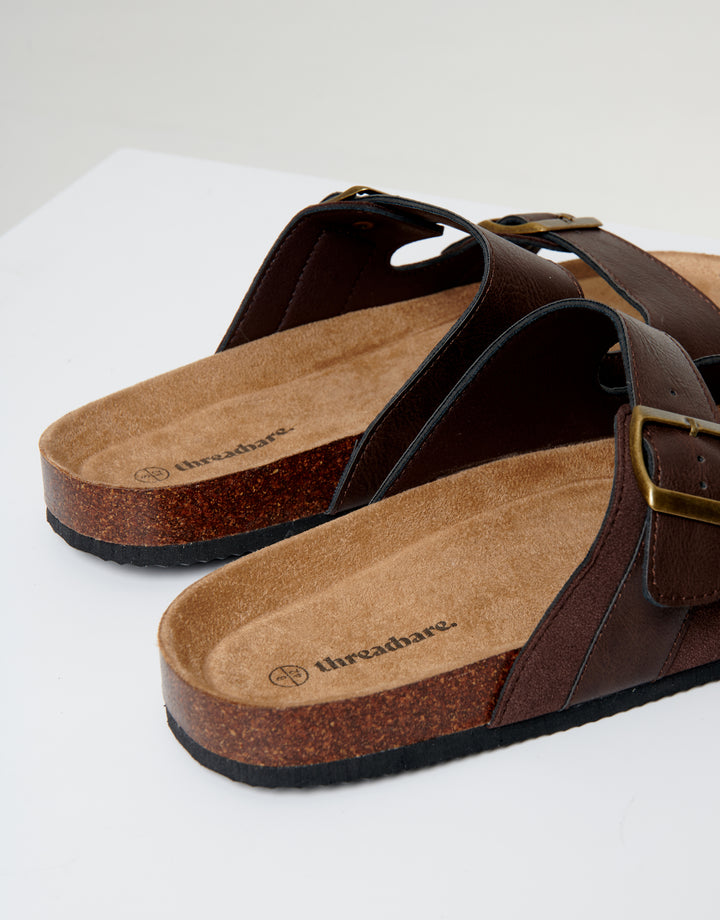 Brown Slip On Two Buckle Strap Sandals