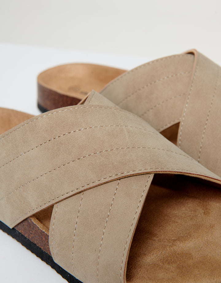 Beige Faux Suede Cross Strap Sandals