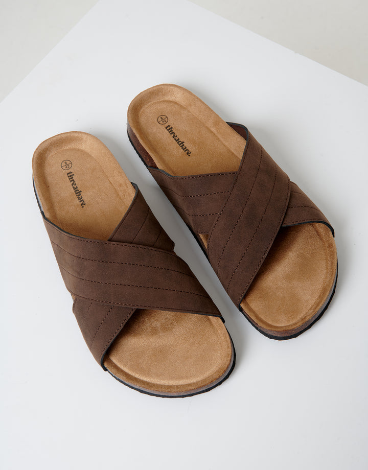 Brown Faux Suede Cross Strap Sandals