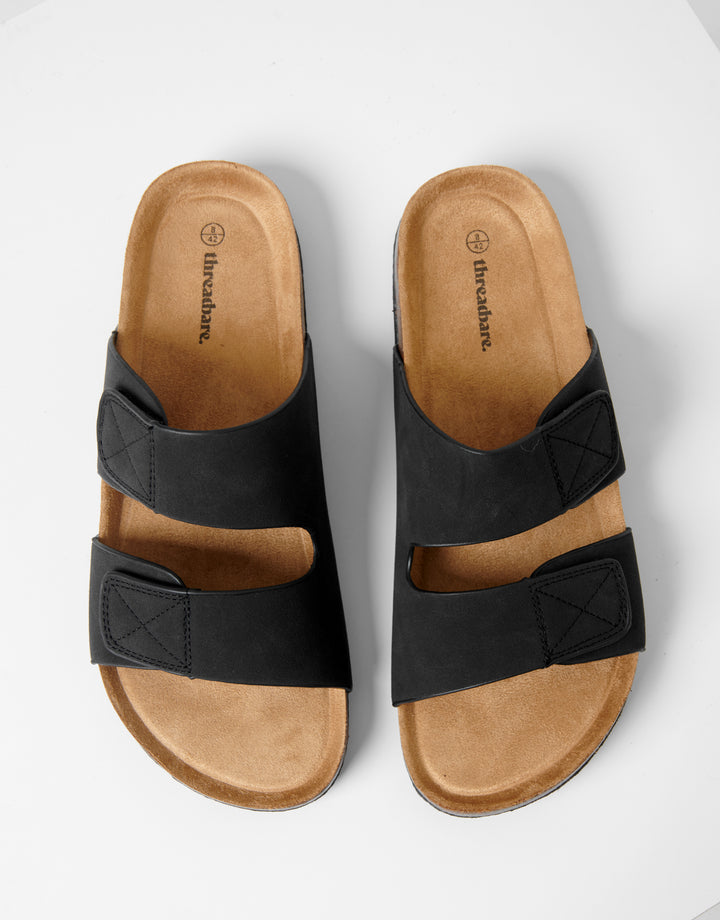 Black Faux Suede Two Strap Sandals