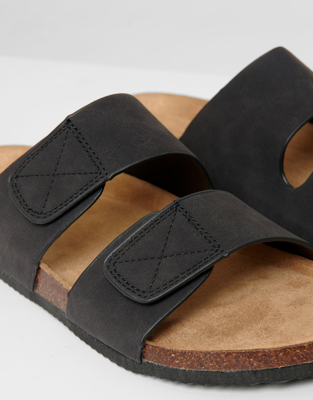 Black Faux Suede Two Strap Sandals