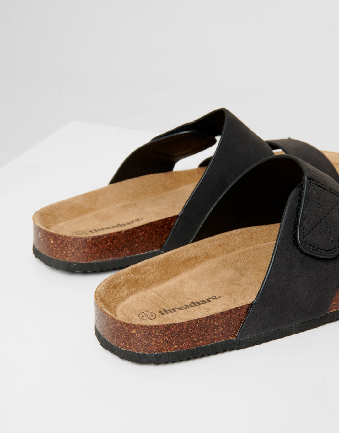 Black Faux Suede Two Strap Sandals