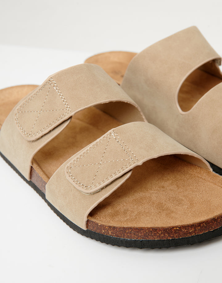 Beige Faux Suede Two Strap Sandals
