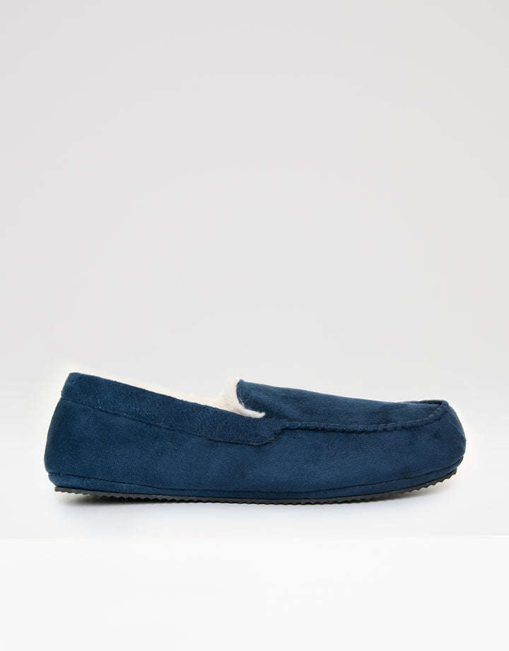 Navy Faux Suede Faux Fur Lined Moccasin Slippers