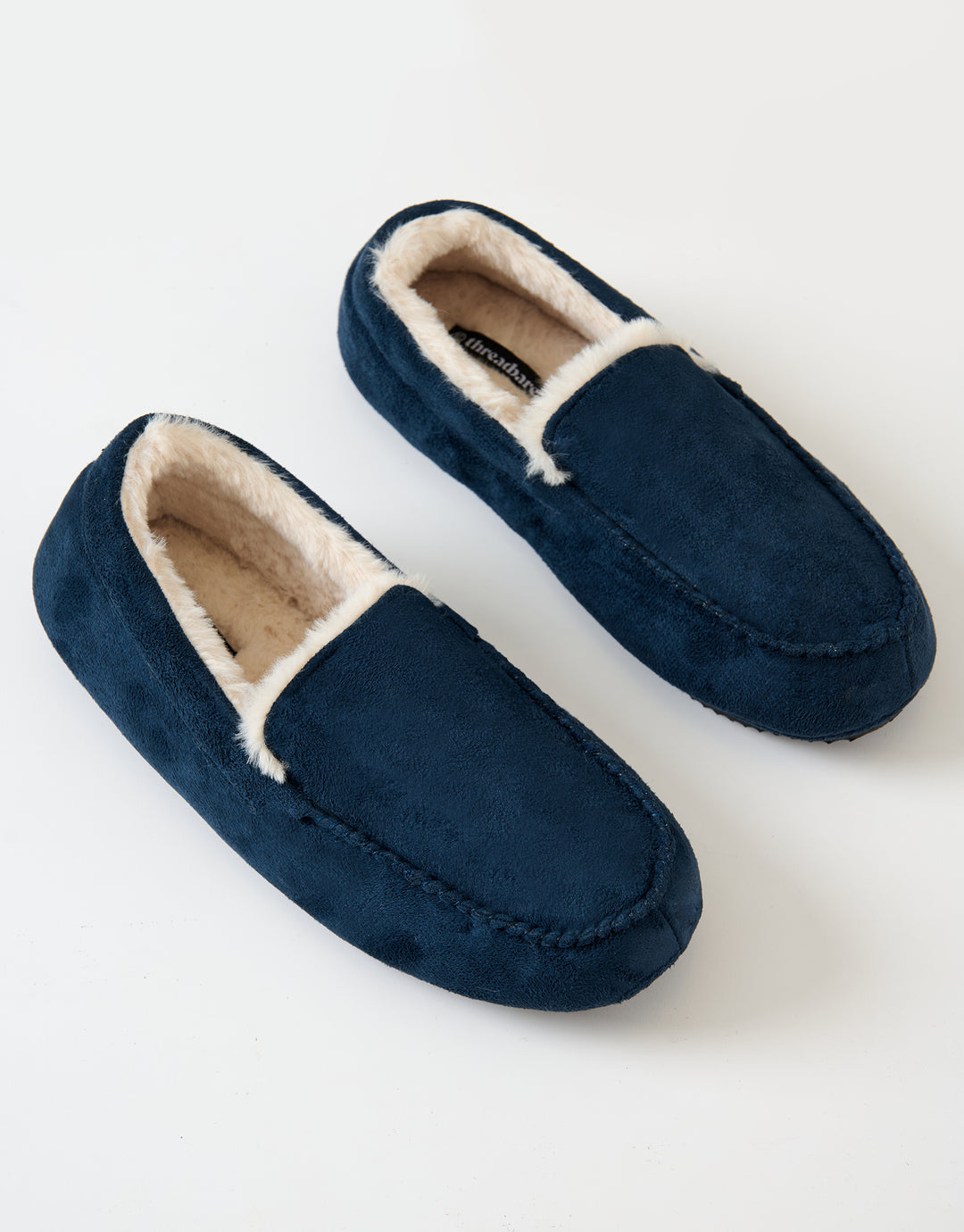 Navy Faux Suede Faux Fur Lined Moccasin Slippers