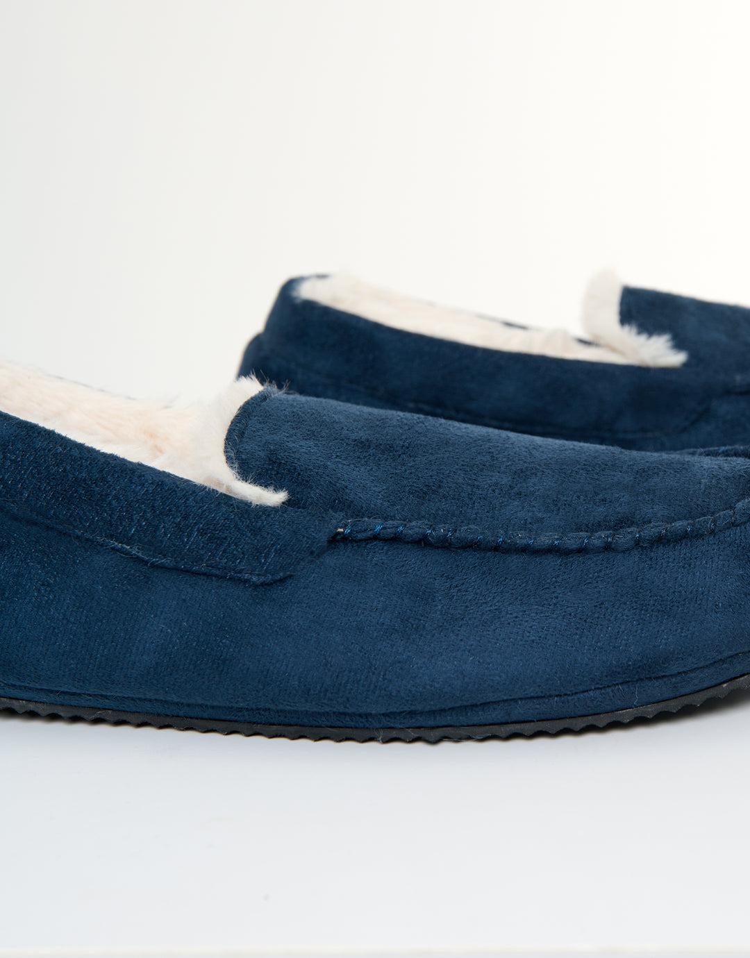 Navy Faux Suede Faux Fur Lined Moccasin Slippers