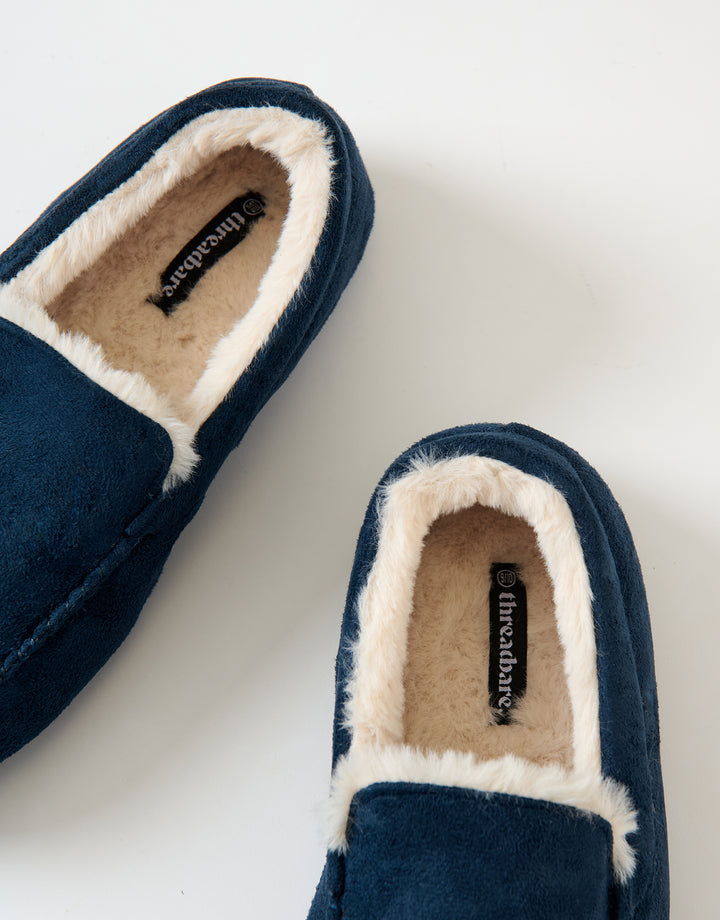 Navy Faux Suede Faux Fur Lined Moccasin Slippers