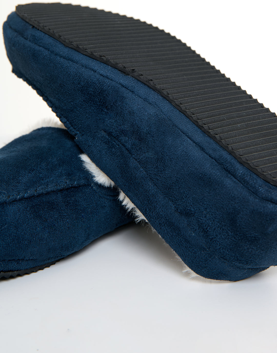 Navy Faux Suede Faux Fur Lined Moccasin Slippers