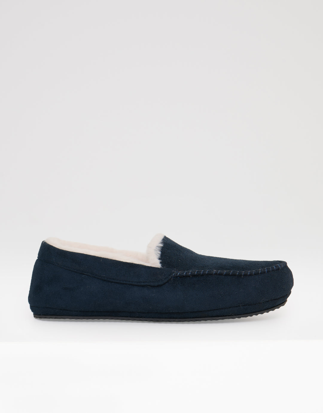 Threadbare Faux Suede Faux Fur Lined Moccasin Slippers in Navy - side view