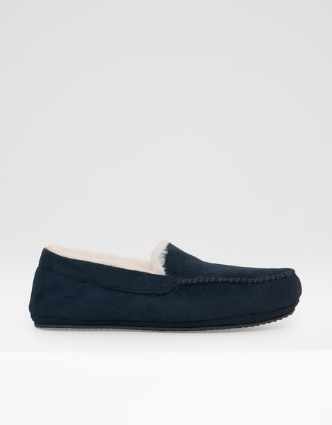 Threadbare Faux Suede Faux Fur Lined Moccasin Slippers in Navy - side view