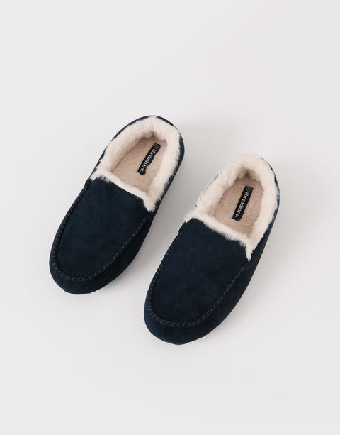 Threadbare Faux Suede Faux Fur Lined Moccasin Slippers in Navy - top view