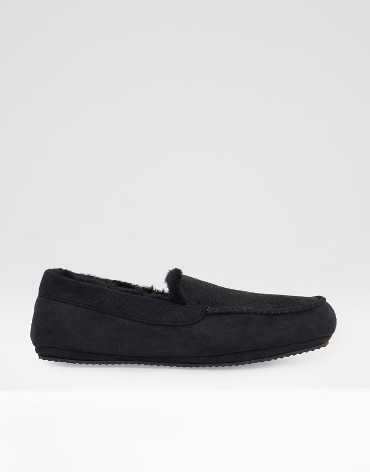 Faux Fur Lined Moccasin Slippers in Black