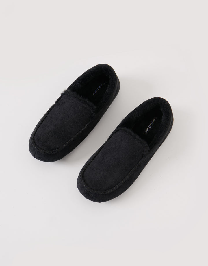 Faux Fur Lined Moccasin Slippers in Black