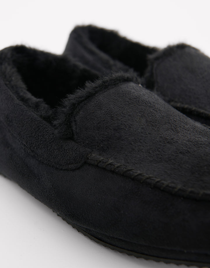 Faux Fur Lined Moccasin Slippers in Black
