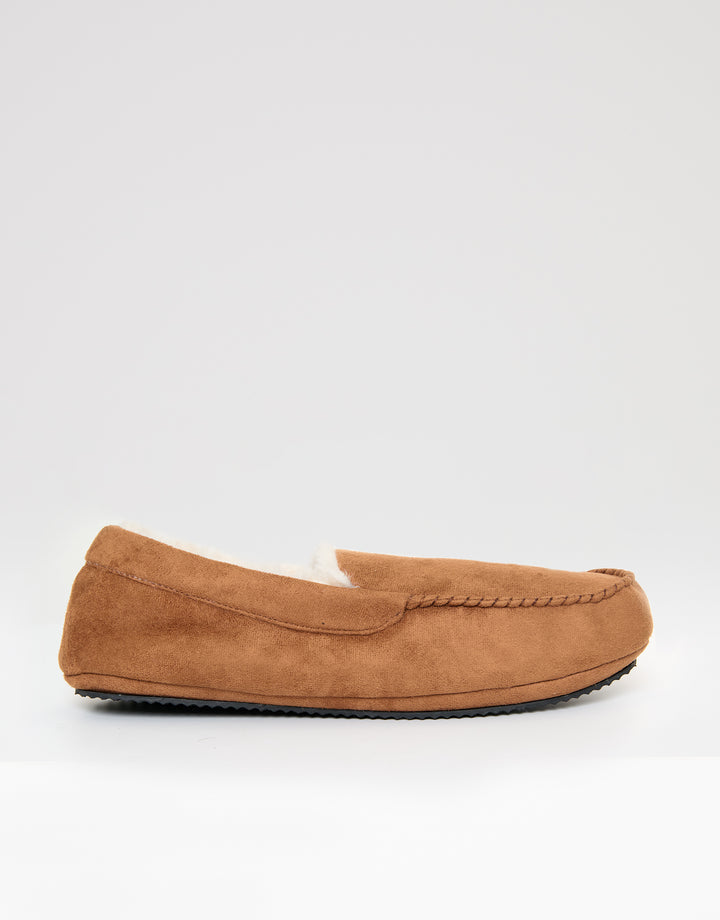 Tan Brown Faux Suede Faux Fur Lined Moccasin Slippers