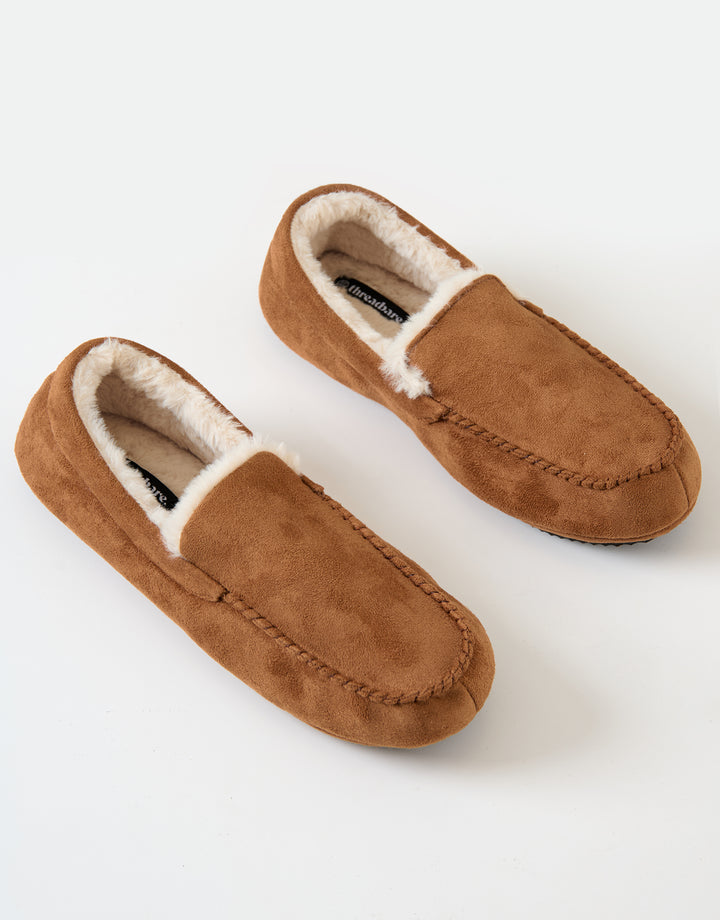 Tan Brown Faux Suede Faux Fur Lined Moccasin Slippers