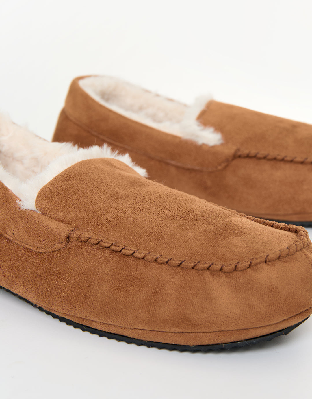 Tan Brown Faux Suede Faux Fur Lined Moccasin Slippers