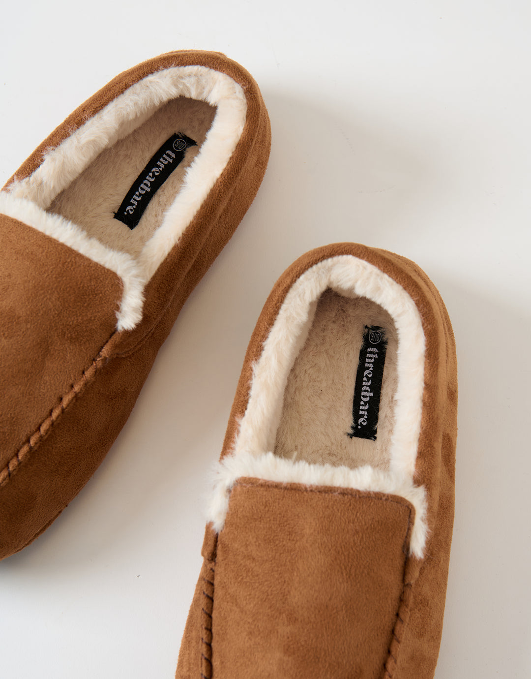 Tan Brown Faux Suede Faux Fur Lined Moccasin Slippers