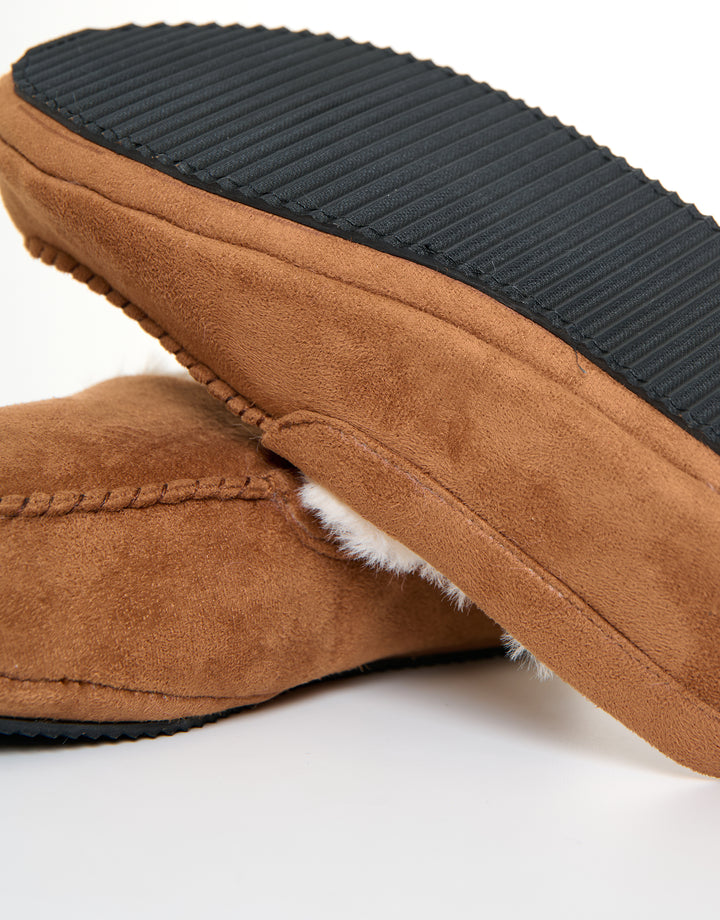 Tan Brown Faux Suede Faux Fur Lined Moccasin Slippers
