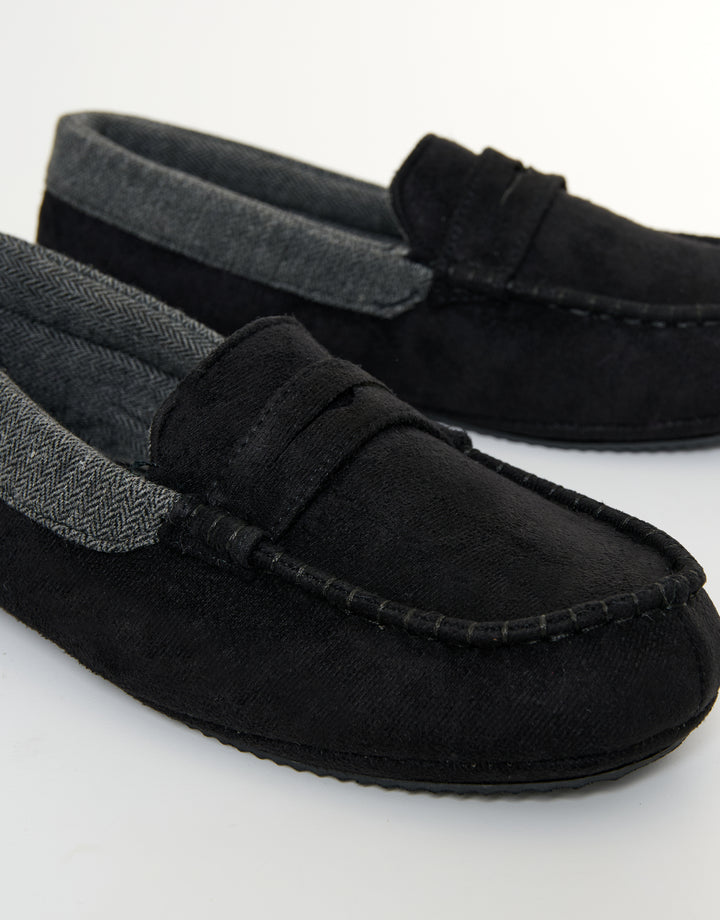 Black Faux Suede Fabric Trim Moccasin Slippers