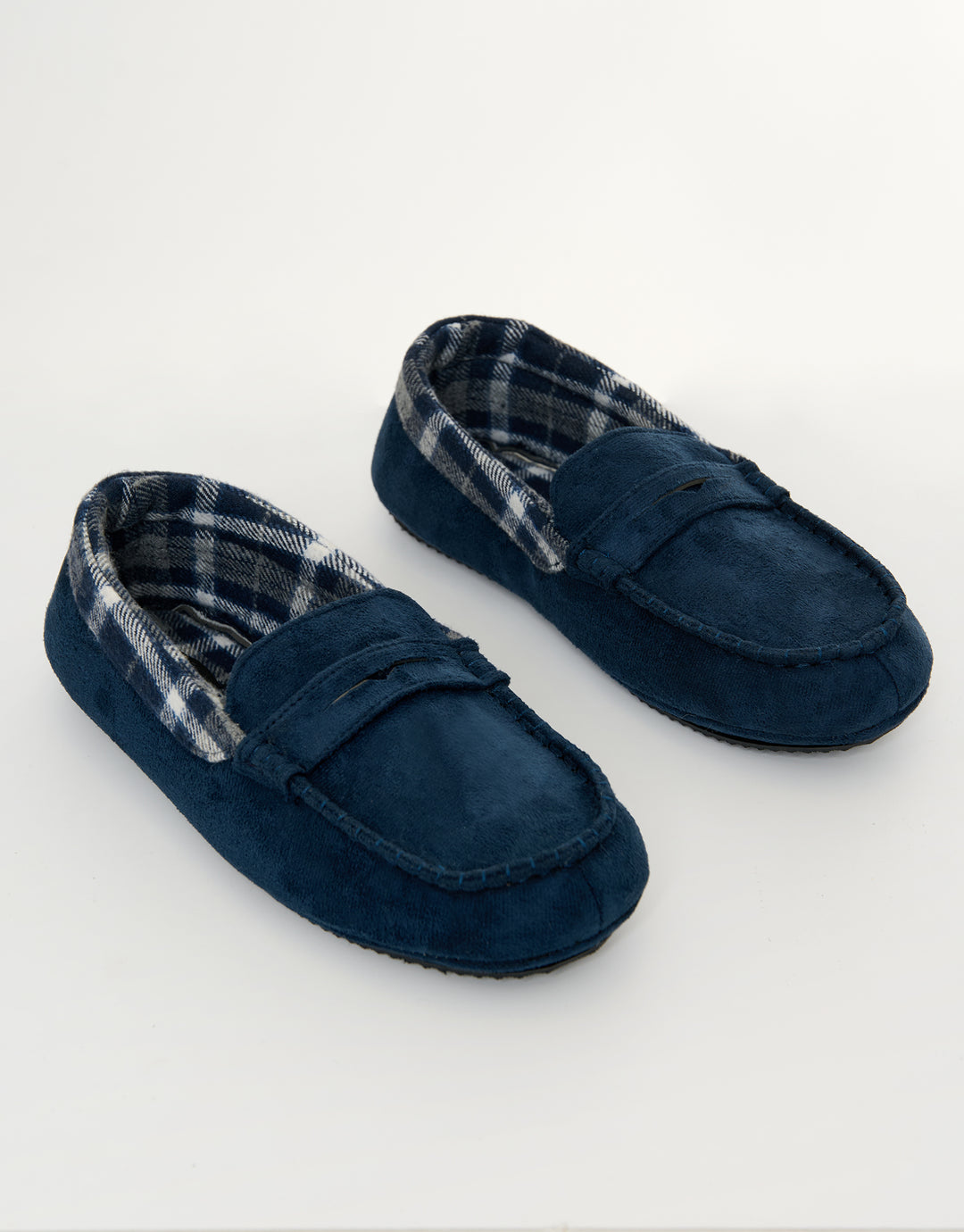 Navy Faux Suede Fabric Trim Moccasin Slippers