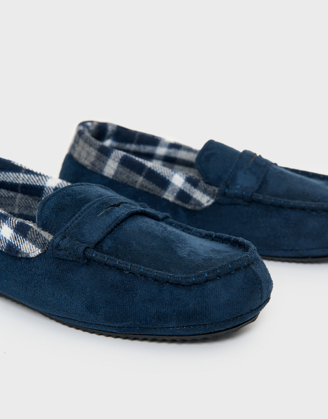 Navy Faux Suede Fabric Trim Moccasin Slippers