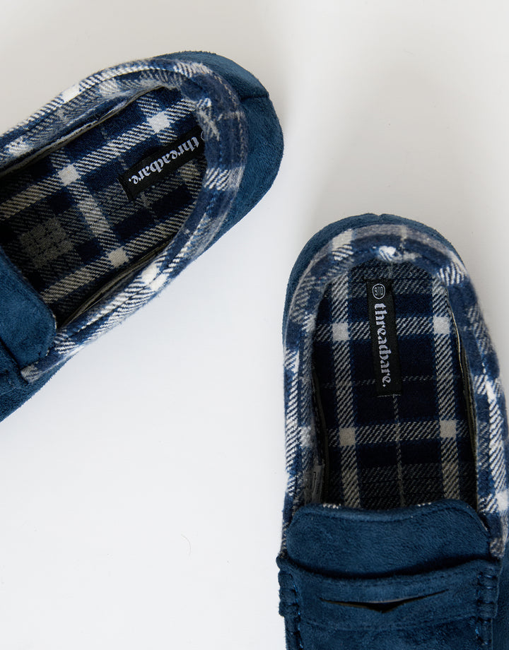 Navy Faux Suede Fabric Trim Moccasin Slippers